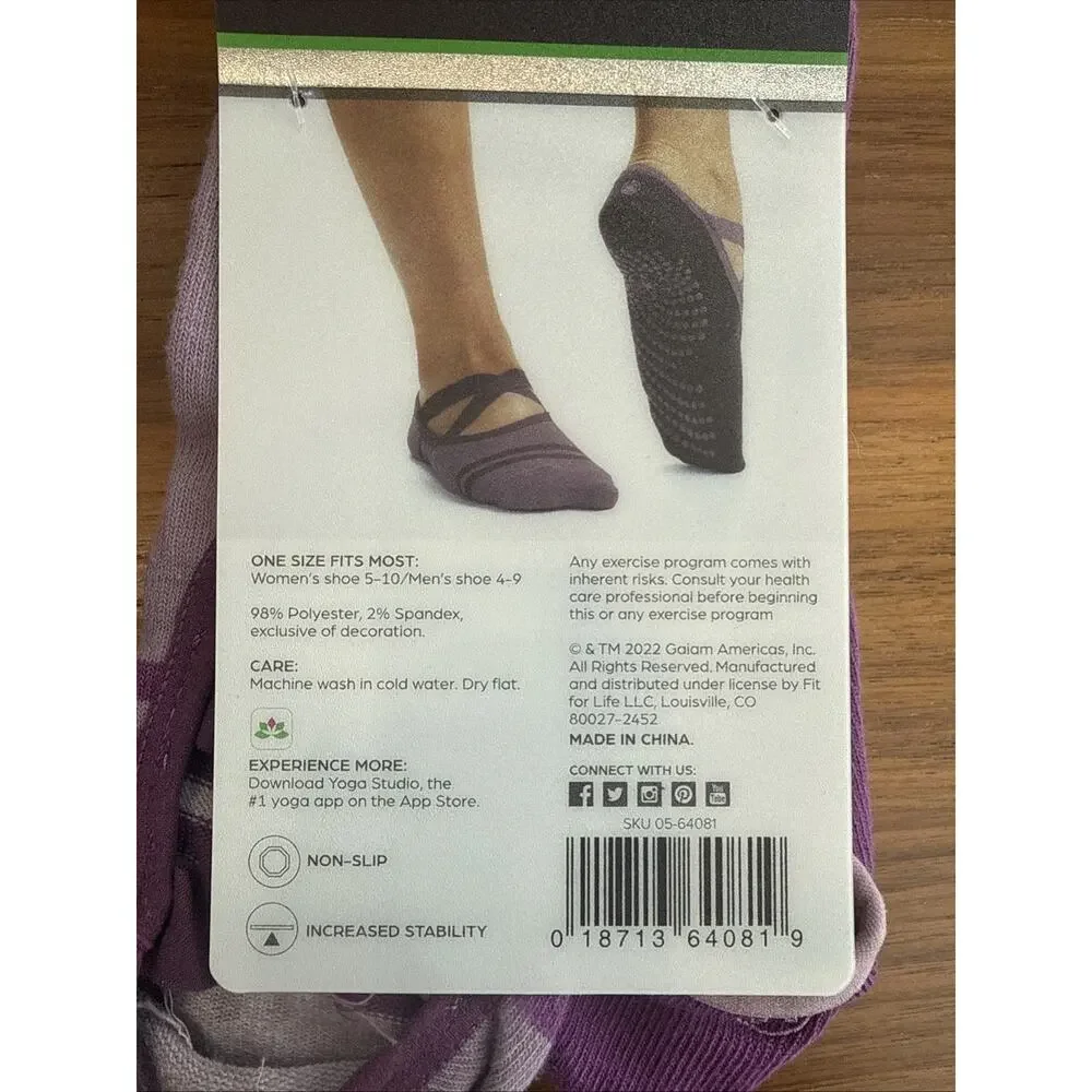 GAIAM 2-Pack Grippy Yoga Barre Athletic Socks Purple Size Womens 5-10 & Mens 4-9